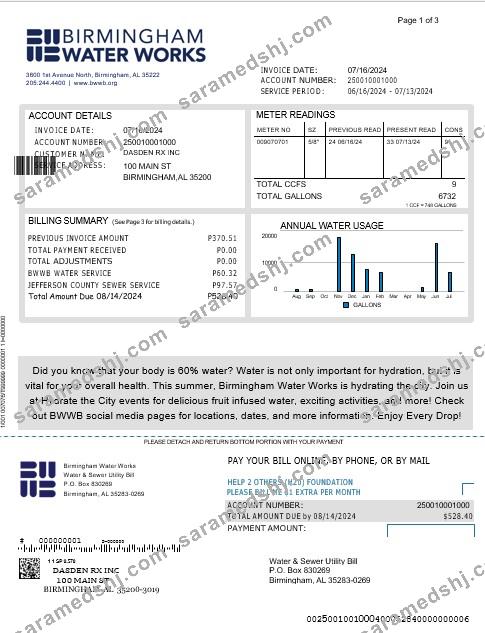 UNITED KINGDOM BIRMINGHAM WATER business utility bill Word and PDF template 1
